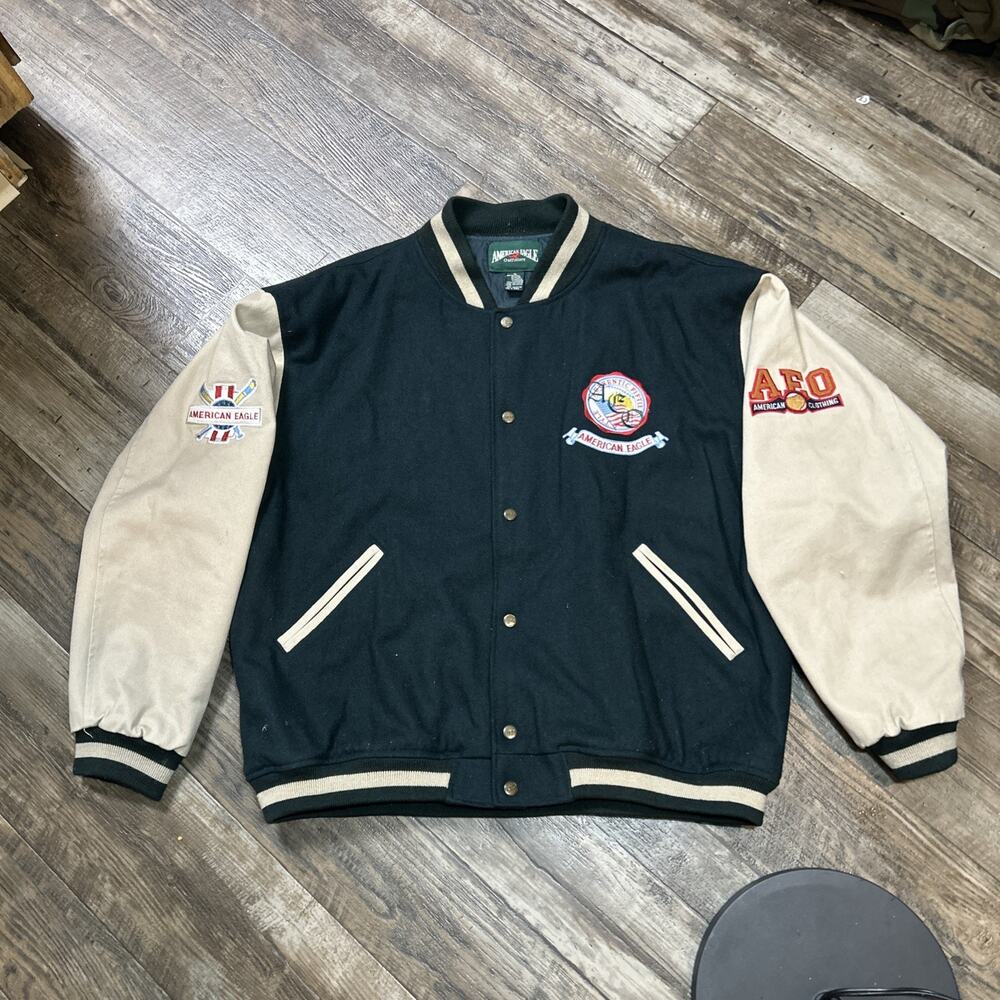 U.S. Wings USA Varsity Jacket XL Wool Cream Leather Sleeves Eagle